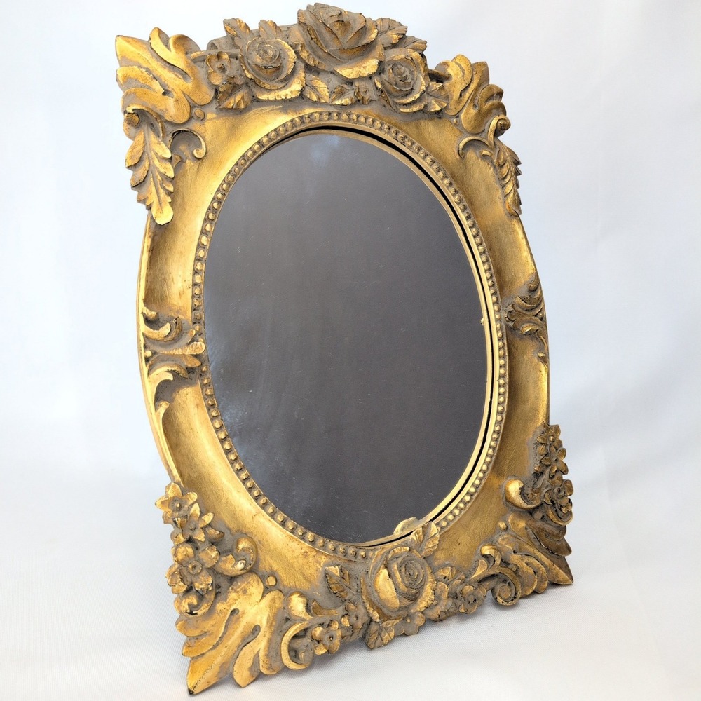 Vintage Tabletop Mirror 15" Gold Ornate Baroque Floral Oval Vanity Wall Decor